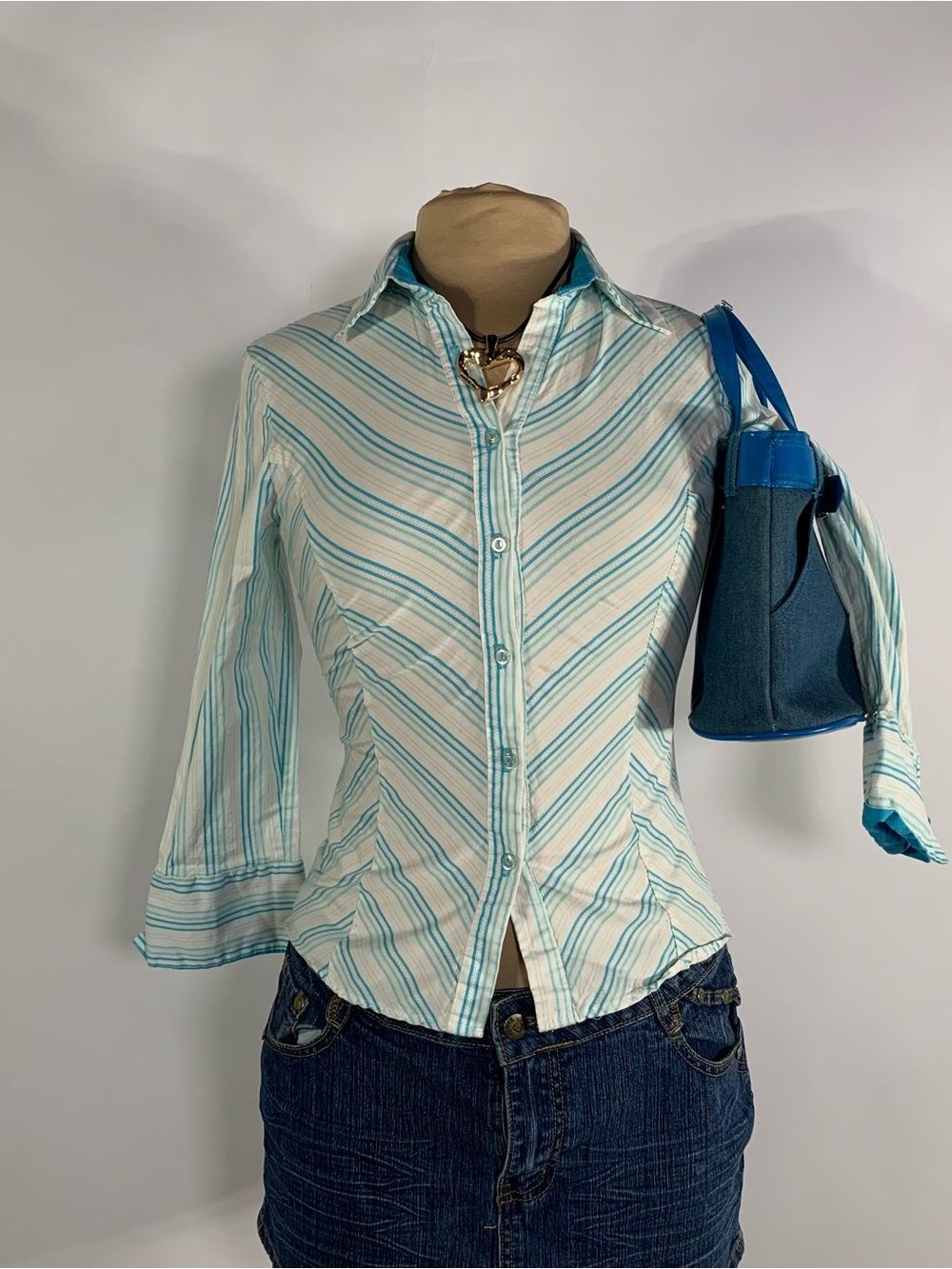 Y2K Rave Blue Striped Fitted Button Up Shirt Top M